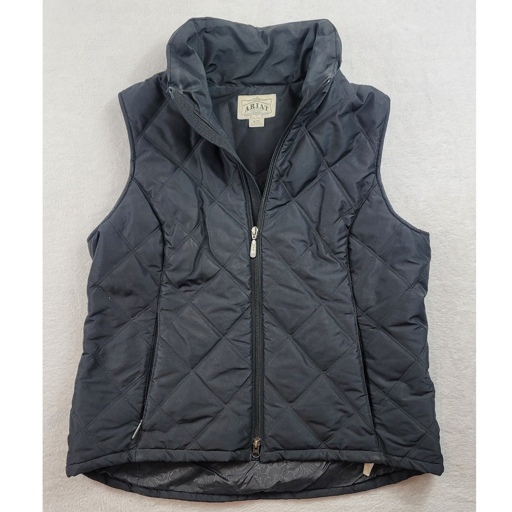 Ariat Womens Quilted Vest Black Pink Logo Full Zip Equestrian XL